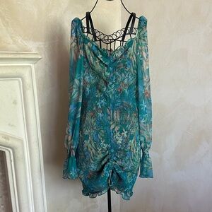 Luxxel Teal Sheer Dress with Delicate Patterns